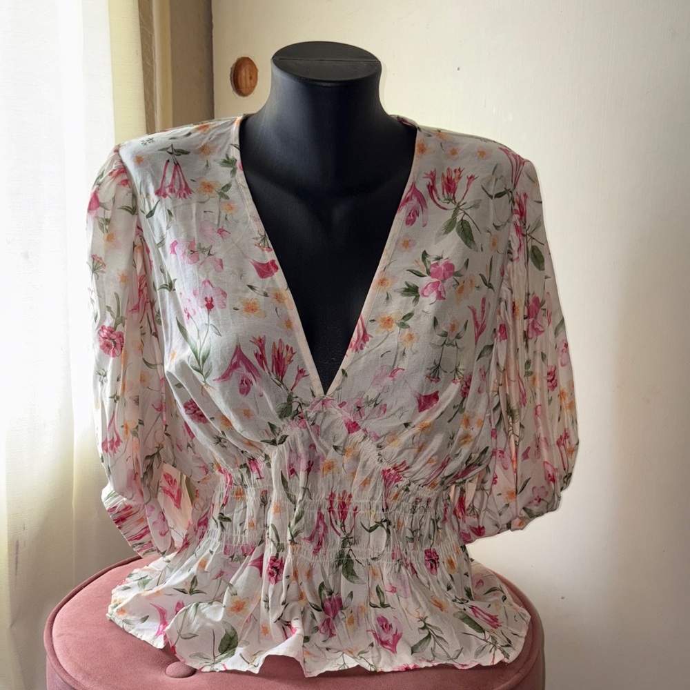 H&M Pink Floral Blouse with Gathered Waist